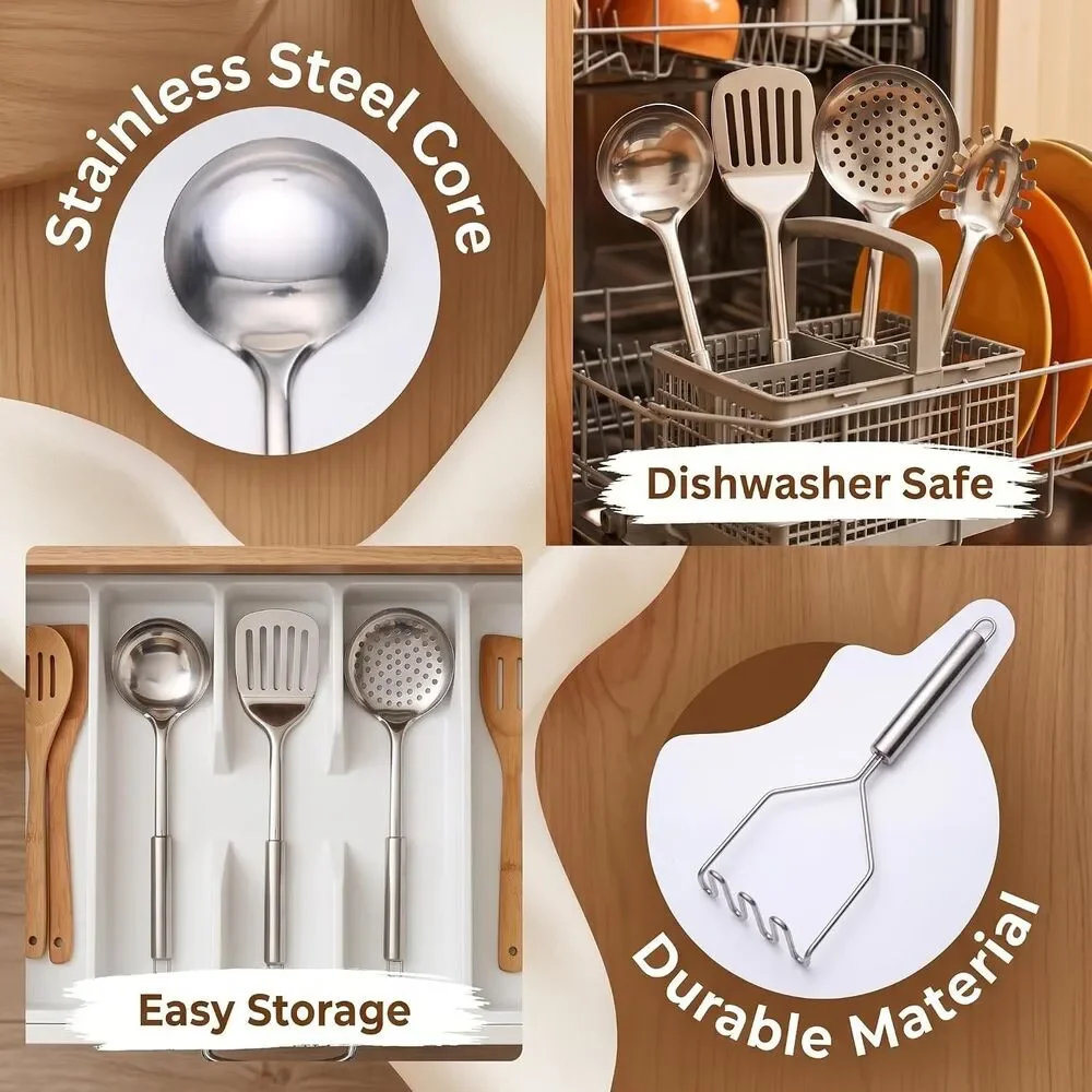 8 Pc Metal Cooking Utensils Set Heat Resistant Dishwasher Safe Kitchen Tools